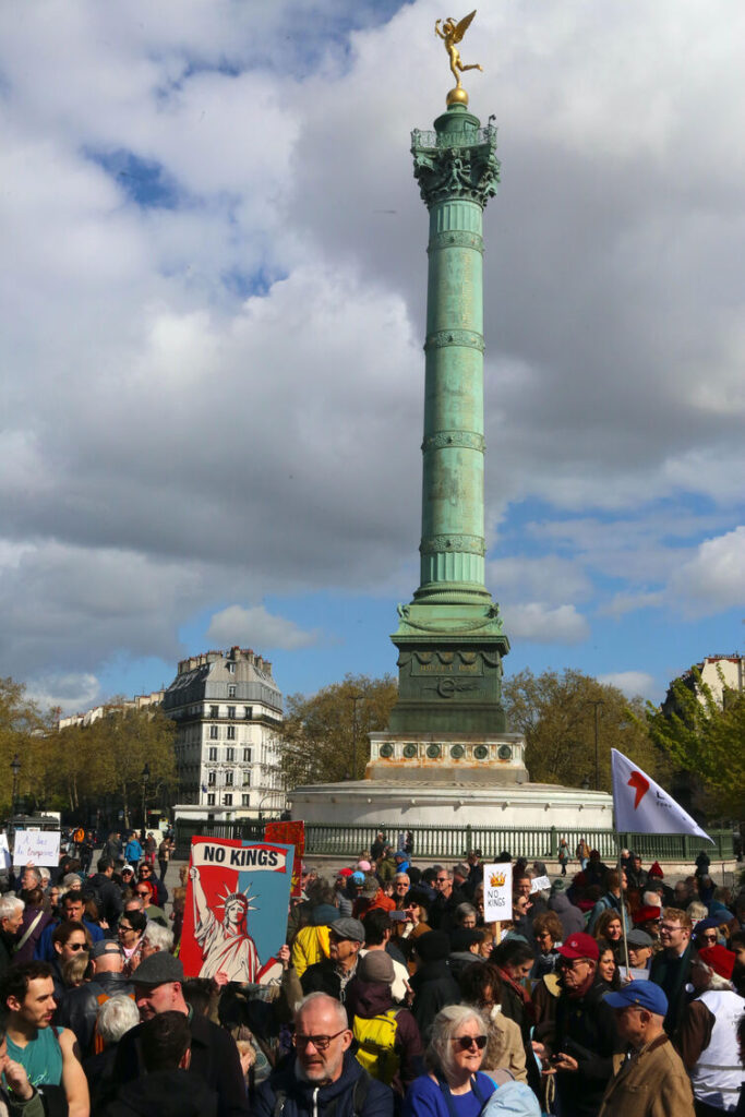 photo shows the crowd in front of bastille column at No Kings 3 on March 28th 2026 in Paris France